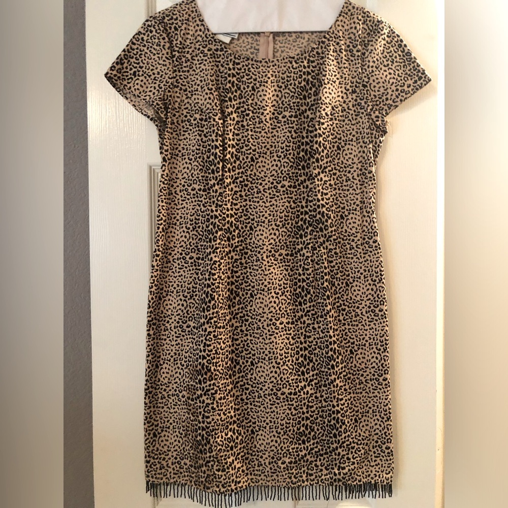 Short sleeve Leopard print dress with beaded fringe at bottom